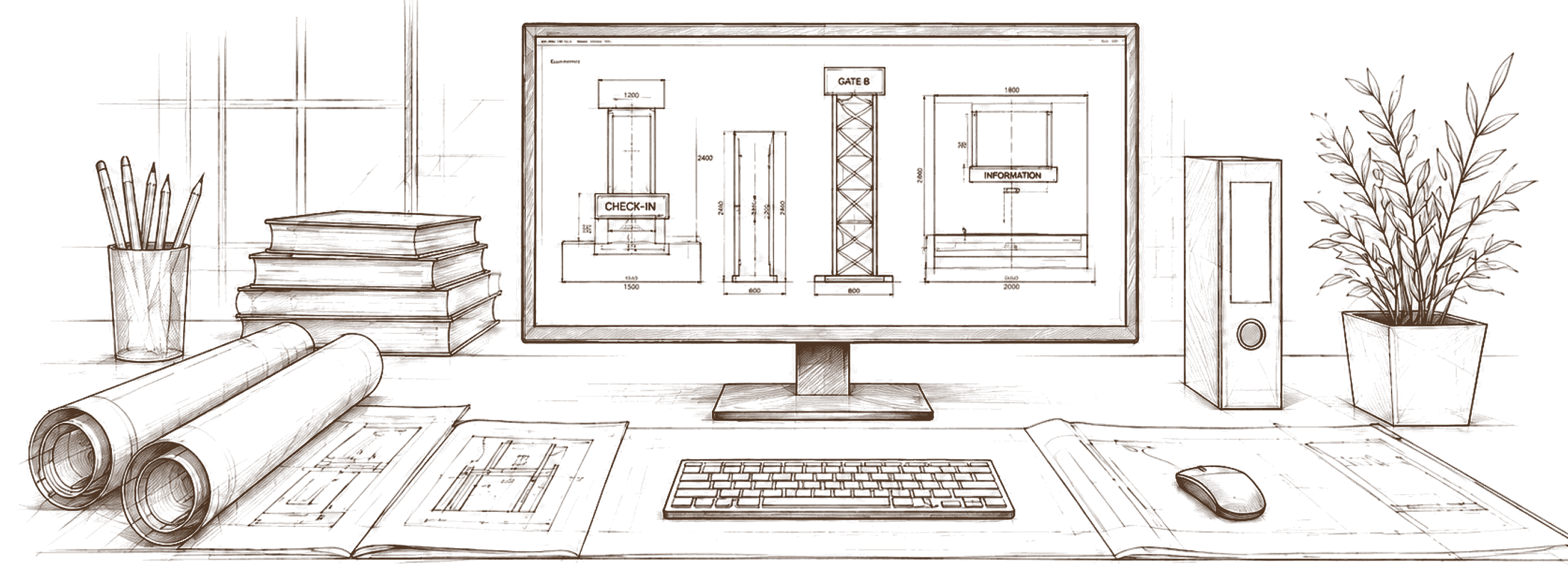 A designer's desk with a monitor showing signage elevations — a check-in monument, a dimensional sign, a gate pylon, and an information wayfinding sign — beside rolled plans, blueprint sheets, a binder, and a plant